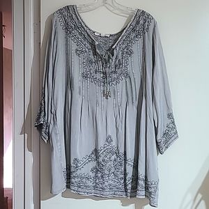 Pea Green Bohemian Style Size 1X Long Sleeve Blouse by Solitaire